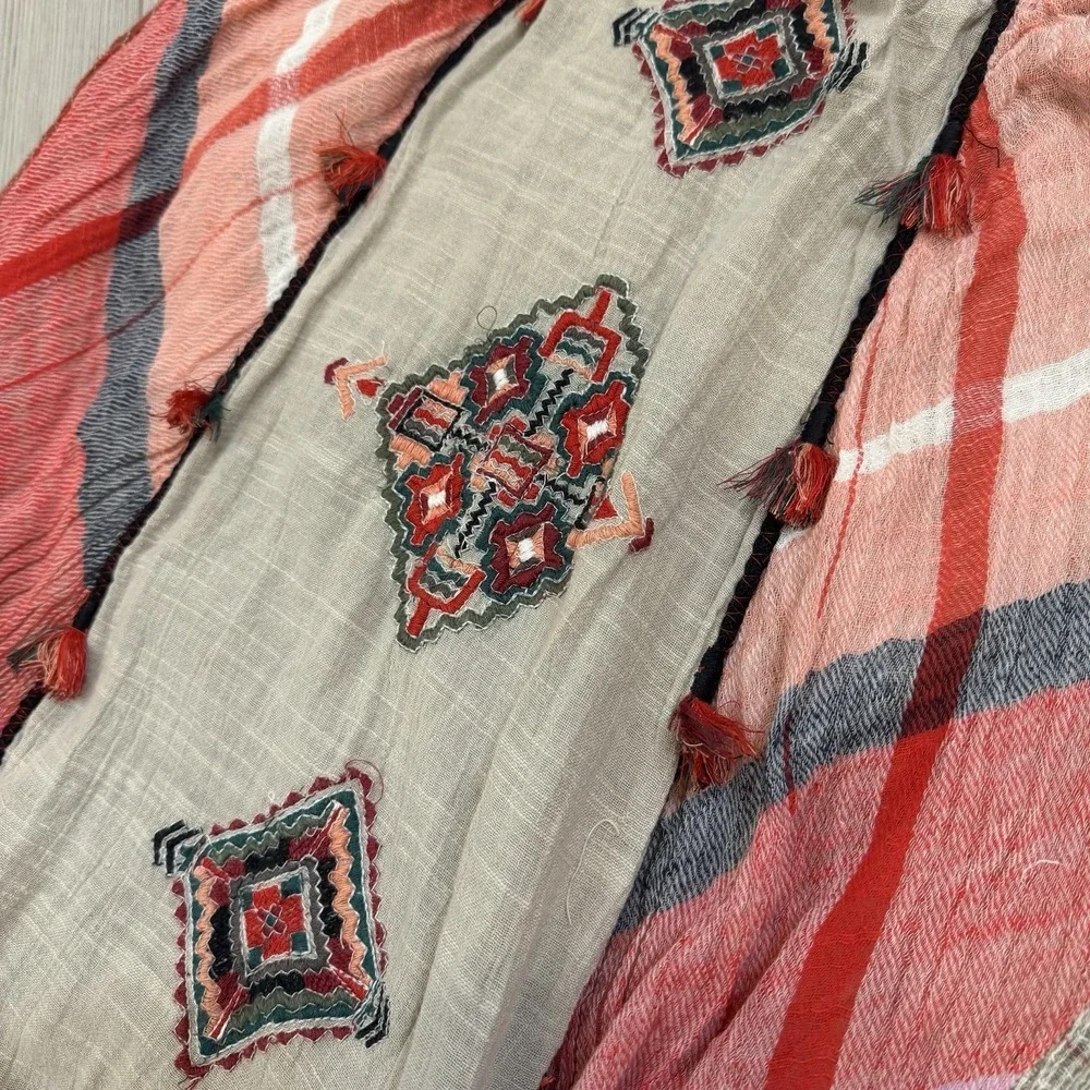 Soft Surroundings Maxi Skirt Womens Large Bohemian Embroidered Pom Plaid‎ Gauze